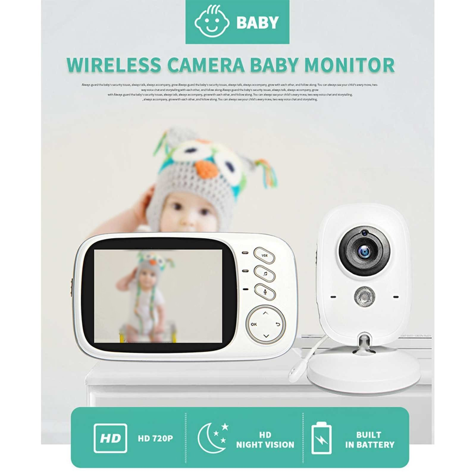 Babyphone mit Baby auf dem Bildschirm. Kamera und Monitor sind weiß. Text: 'Baby Monitor'.