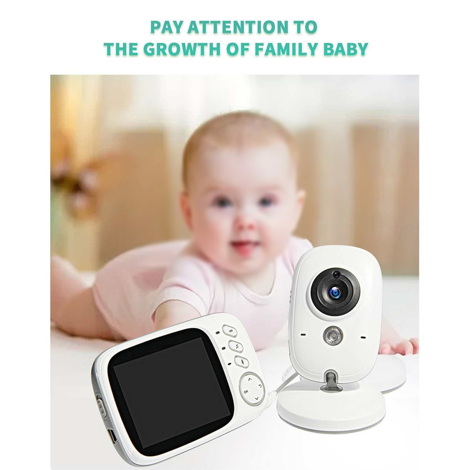 Ein Babyphone-Set mit einem lächelnden Baby im Hintergrund. Enthält eine Kamera, einen Bildschirm und Text: 'Achten Sie auf das Wachstum'.