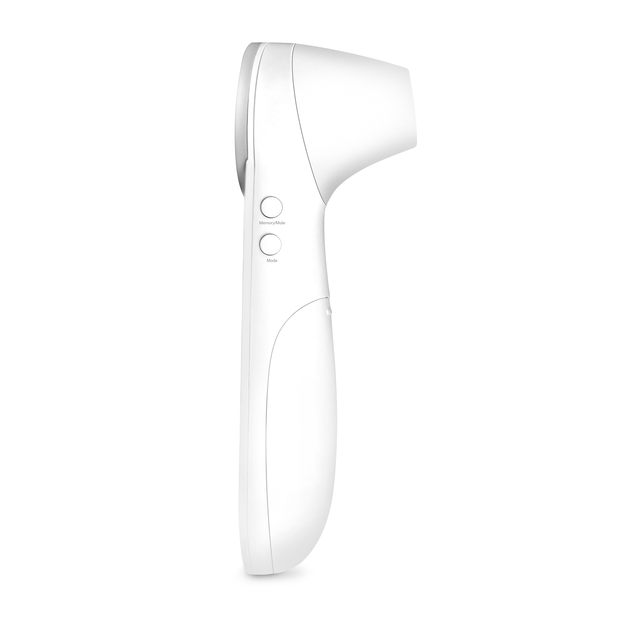 Białe urządzenie medyczne. Ma prostokątną głowicę i długi uchwyt. Są dwa przyciski z etykietami 'Memory/Mute' i 'Mode'.