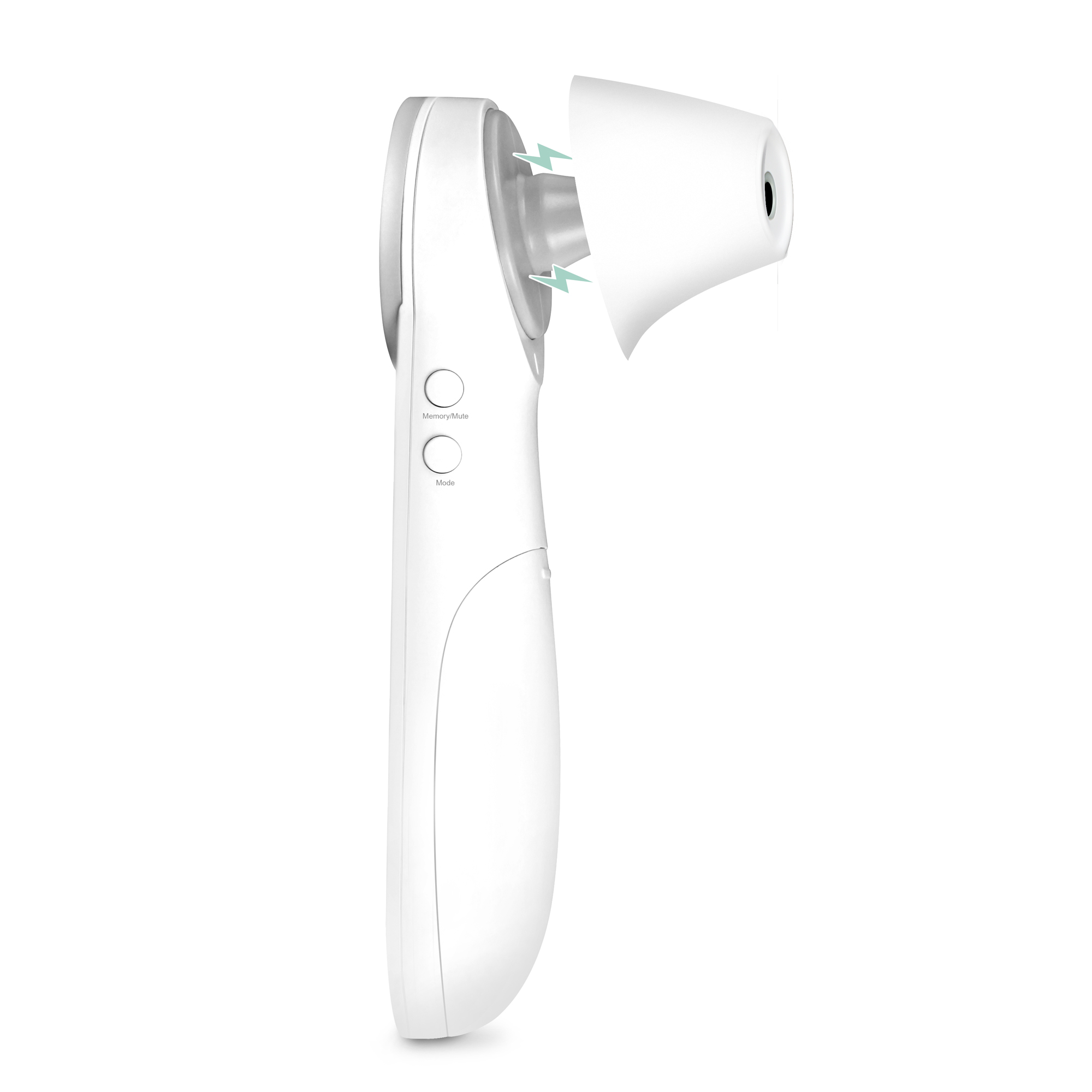 Białe urządzenie medyczne z odłączoną dyszą. Widoczne przyciski pamięci/wyciszenia i trybu. Tło jest białe.