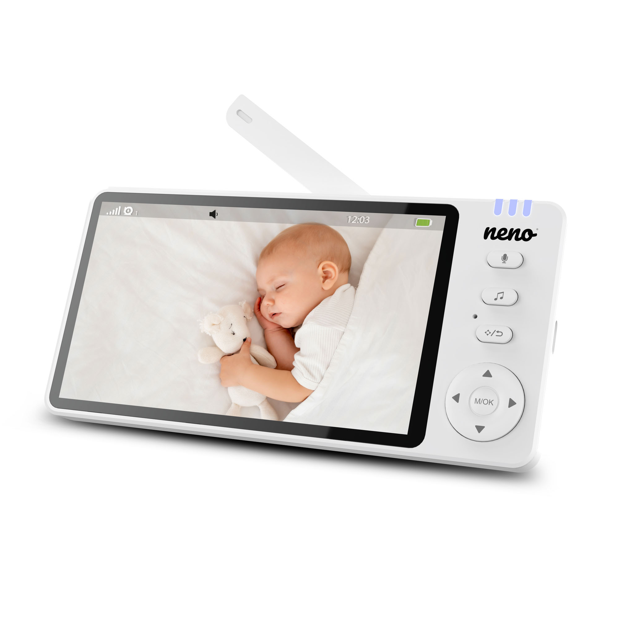 Niania elektroniczna pokazująca śpiące dziecko z misiem. Ekran wyświetla godzinę. Biały monitor z przyciskami.