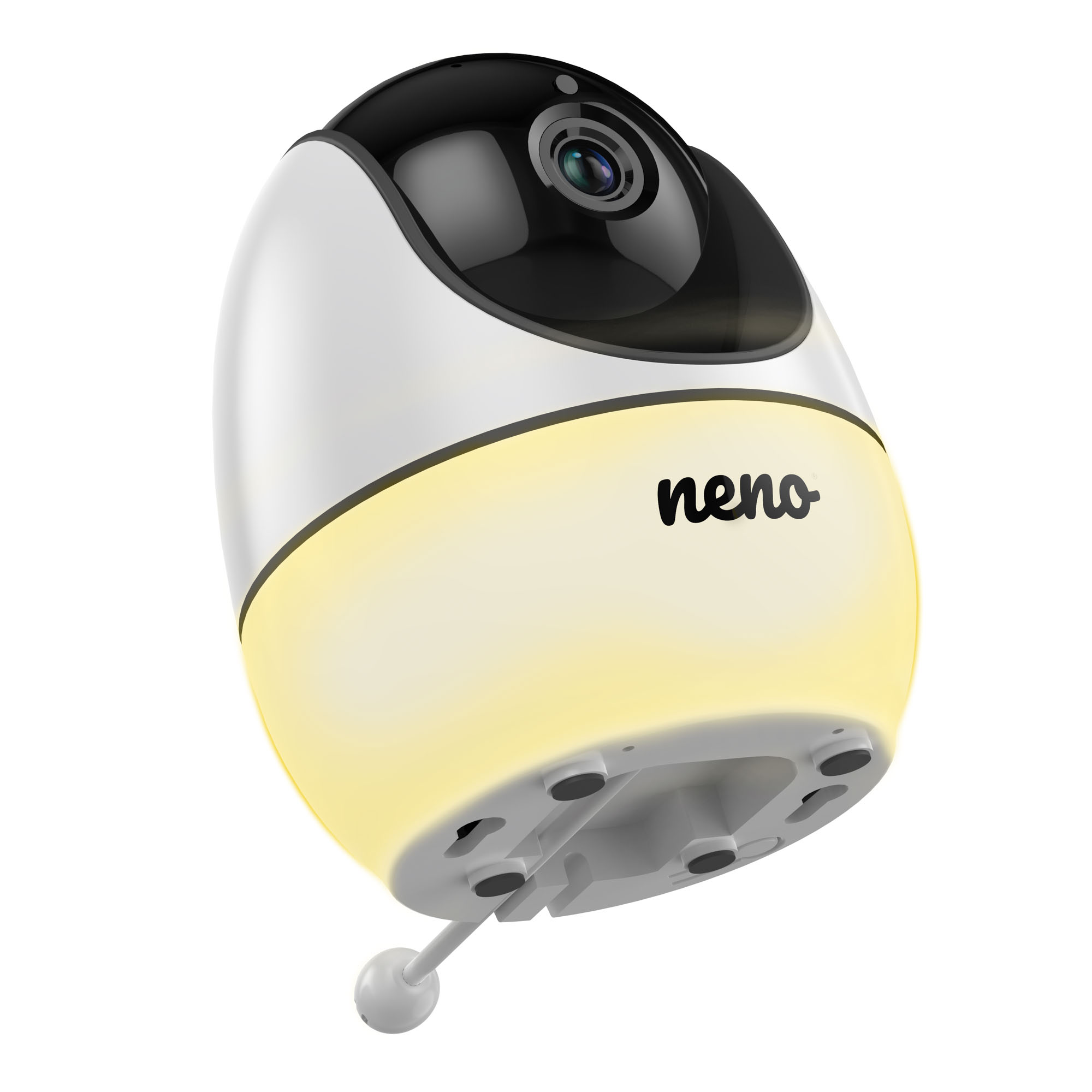 Biało-czarny monitor dla dziecka z świecącą żółtą podstawą. Widoczny obiektyw i nazwa marki 'neno'.