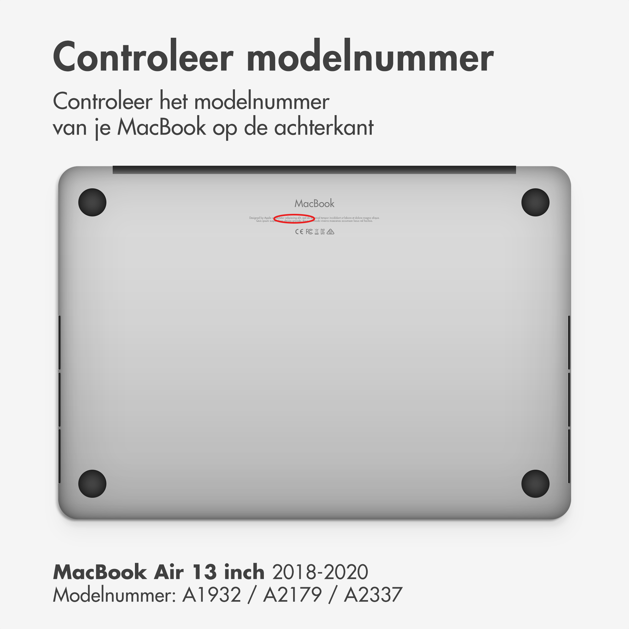 Image shows a MacBook's back with model number highlighted. Text in Dutch instructs how to find the model number.