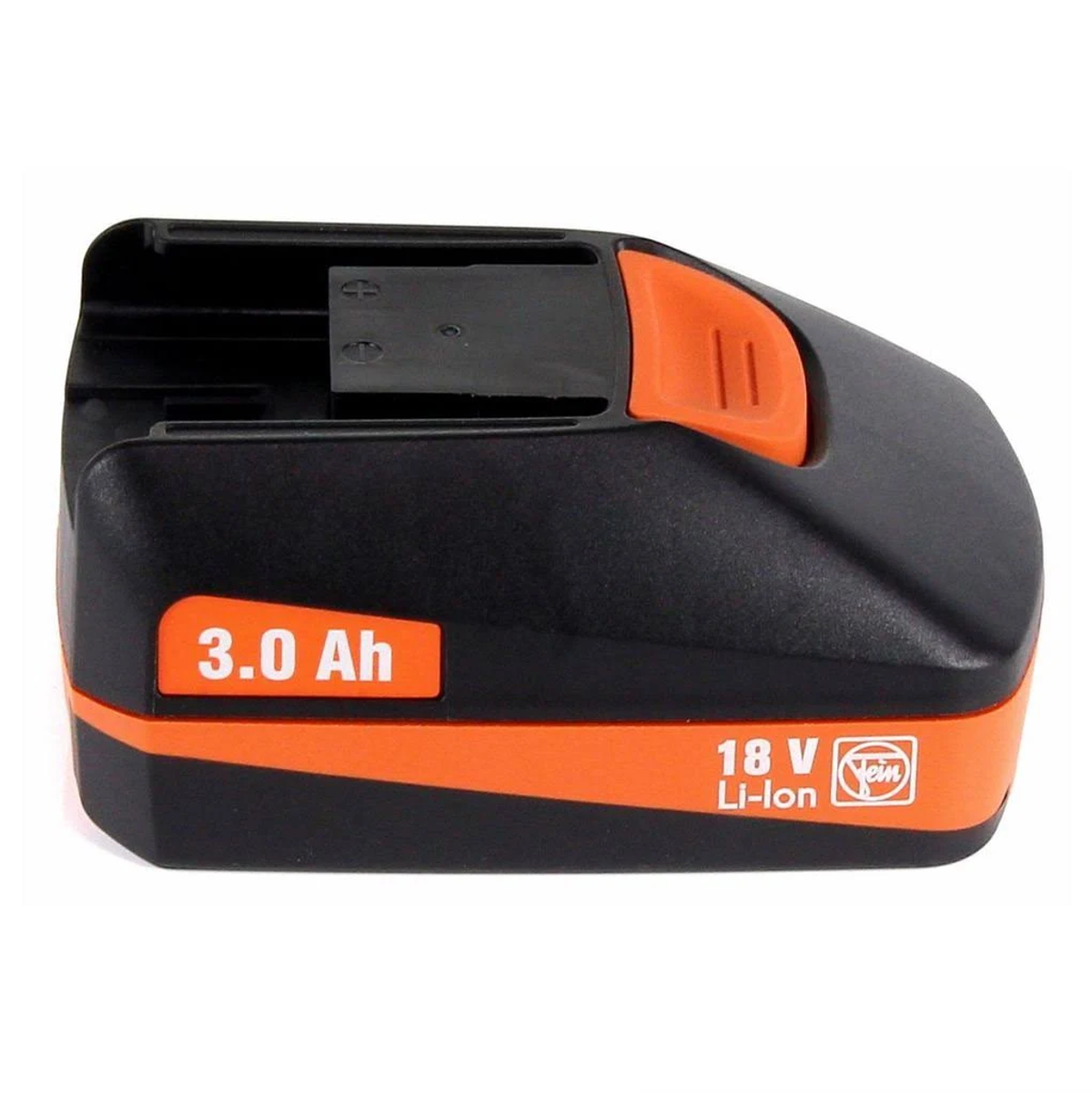 Schwarzer und oranger 18V Li-Ion-Akku. Er hat die Aufschriften '3.0 Ah' und '18 V Li-Ion'. Orangefarbene Akzente auf schwarzem Gehäuse.