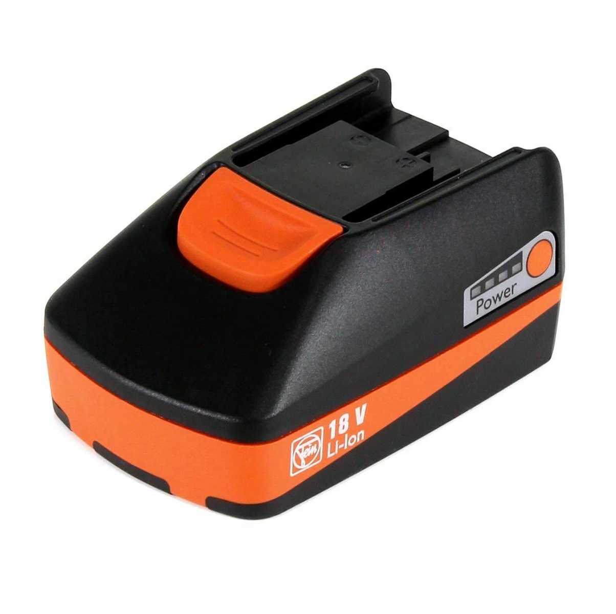 Ein 18V Li-Ionen-Akkupack, schwarz und orange. Er hat eine Leistungsanzeige und einen Knopf. Der Akku befindet sich auf weißem Hintergrund.