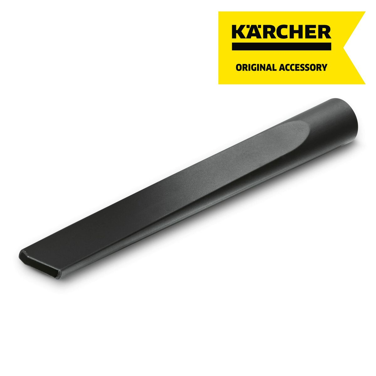 Eine schwarze Kärcher-Staubsaugerdüse. Das Kärcher-Logo befindet sich oben rechts auf gelbem Grund. Weißer Hintergrund.