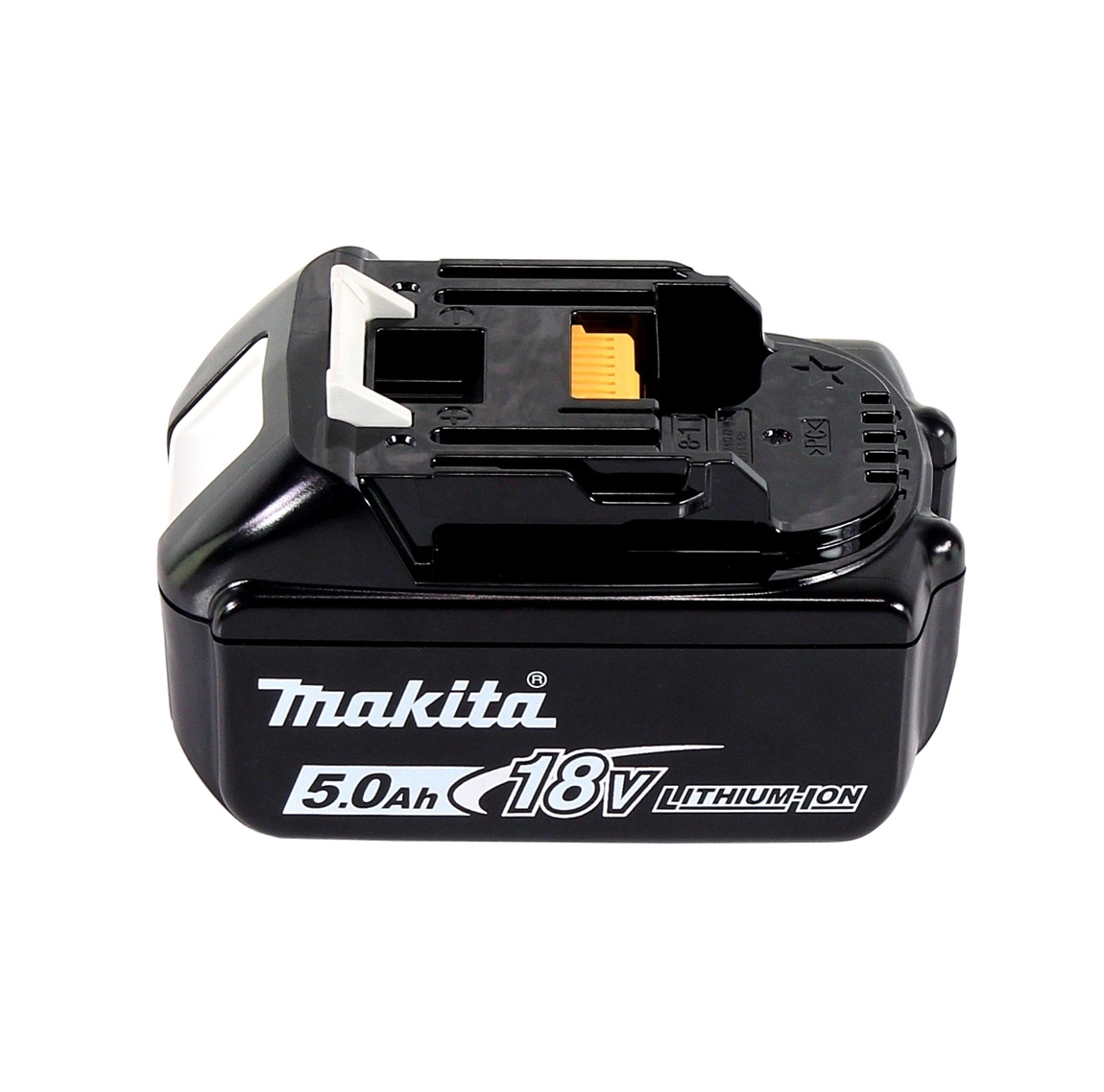 Schwarzer Makita 18V Lithium-Ionen-Akku. Merkmale sind Markenname, Spannung und Batteriekapazität von 5,0 Ah. Hat weiße und gelbe Elemente.