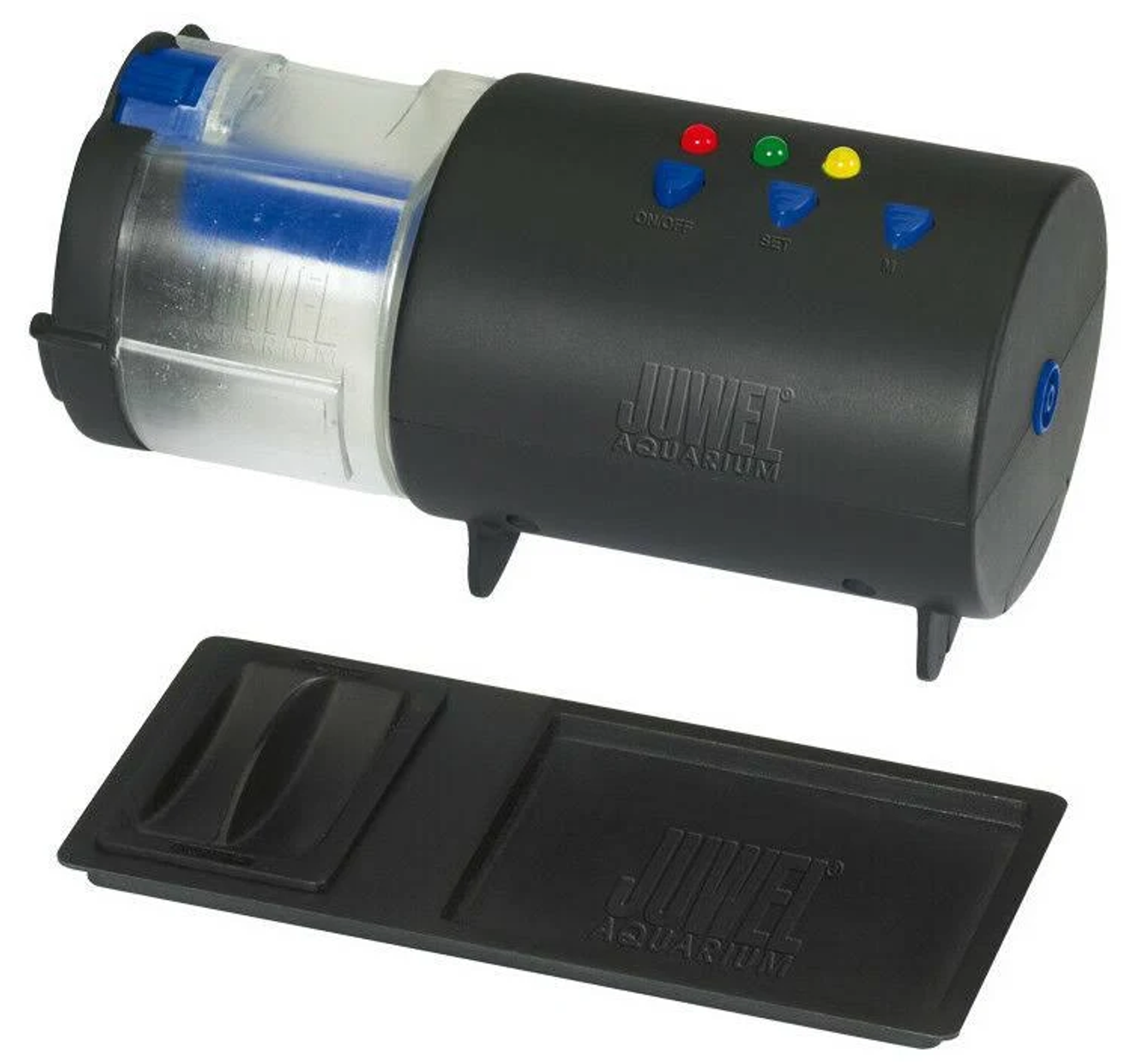 Schwarzer Juwel Aquarium-Fischfutterautomat mit blauen, roten, grünen und gelben Knöpfen. Unterhalb des Futterautomaten befindet sich eine schwarze Schale.