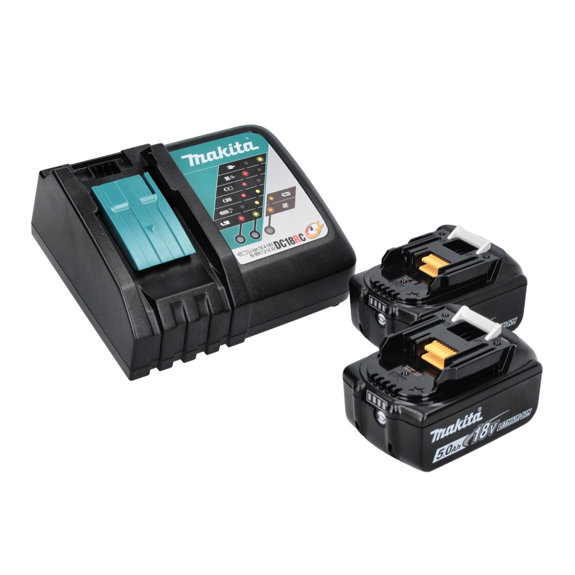 Ein Makita DC18RC-Ladegerät und zwei 18-V-5,0-Ah-Akkus. Das Ladegerät ist schwarz und blaugrün, die Akkus sind schwarz mit weißen und gelben Akzenten.