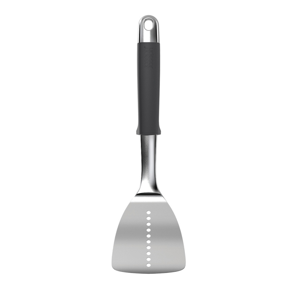 Siyah saplı ve üstte bir deliği olan paslanmaz çelik spatula. Bıçağında birkaç yuvarlak delik var.