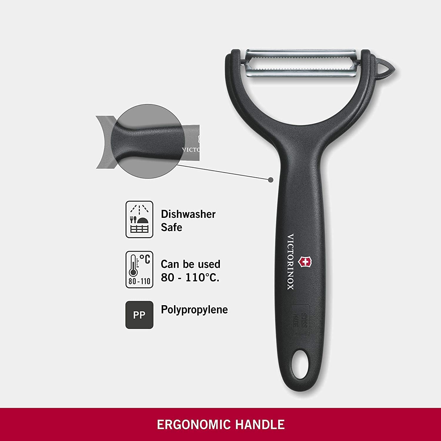 Gümüş renkli bıçağı olan siyah bir Victorinox soyucu gösteriliyor. Metin, bulaşık makinesinde yıkanabilir ve polipropilenden yapıldığını belirtir.