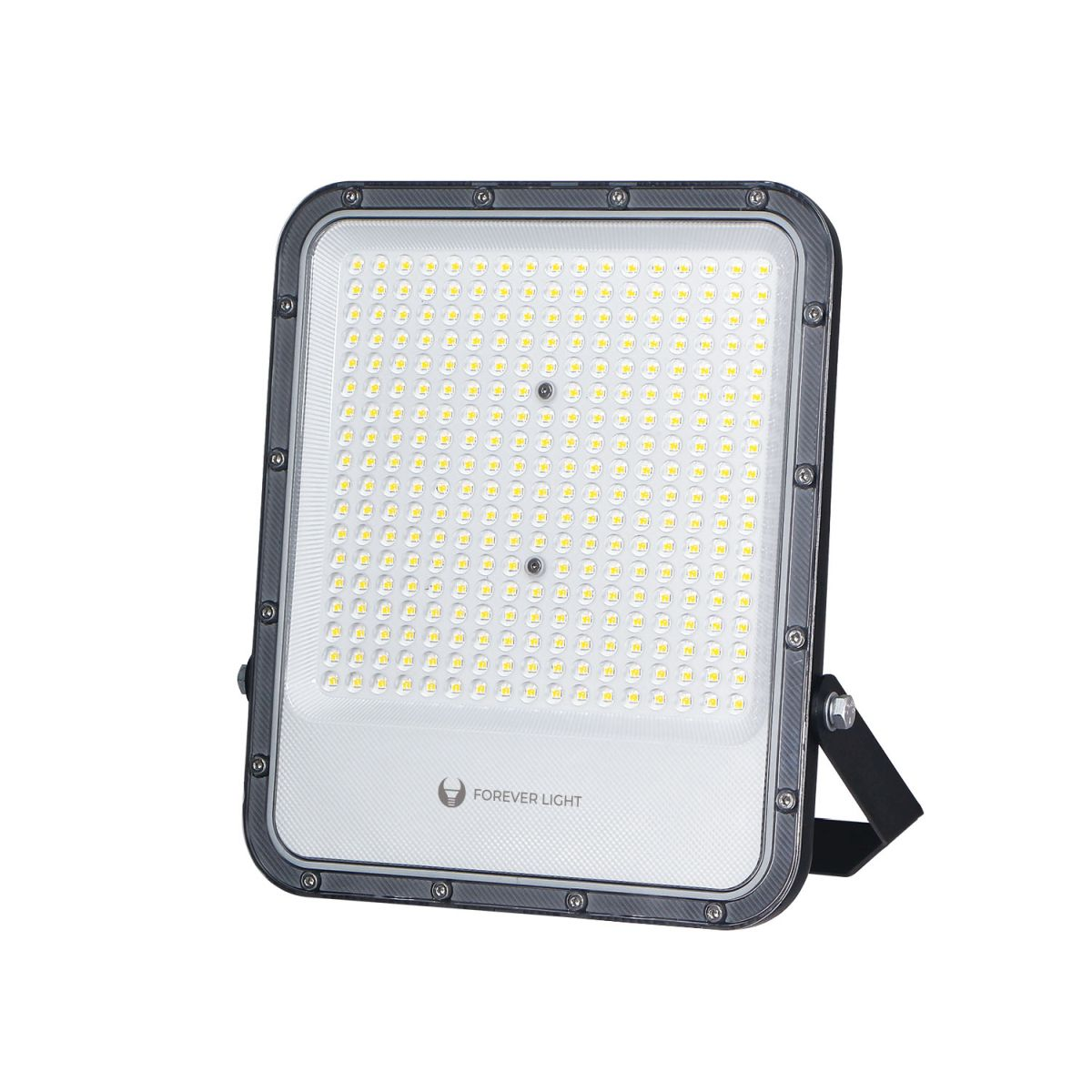 Ein rechteckiger LED-Fluter mit schwarzem Rahmen und zahlreichen kleinen Lichtern. Er hat einen Ständer zur Unterstützung. Die Marke ist 'Forever Light'.