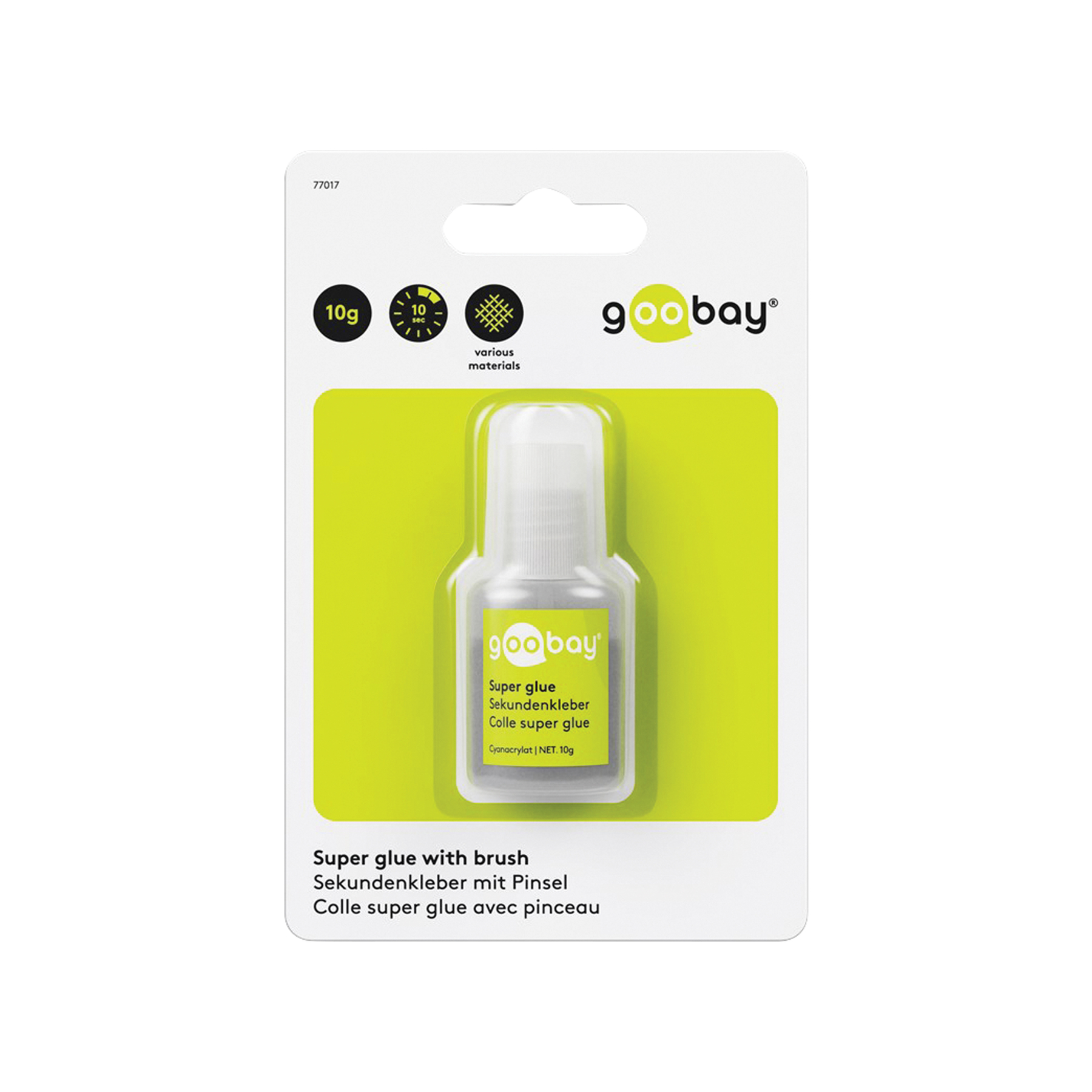 Eine Packung Goobay-Sekundenkleber. Es ist eine kleine Klebstoffflasche in einer weiß-grünen Verpackung.
