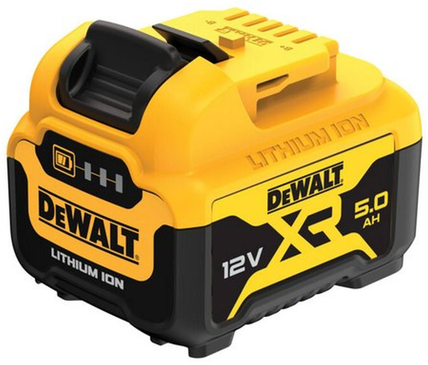 Ein gelb-schwarzer DeWalt 12V 5.0Ah Lithium-Ionen-Akku. Der Akku hat das DeWalt-Logo und Text darauf.