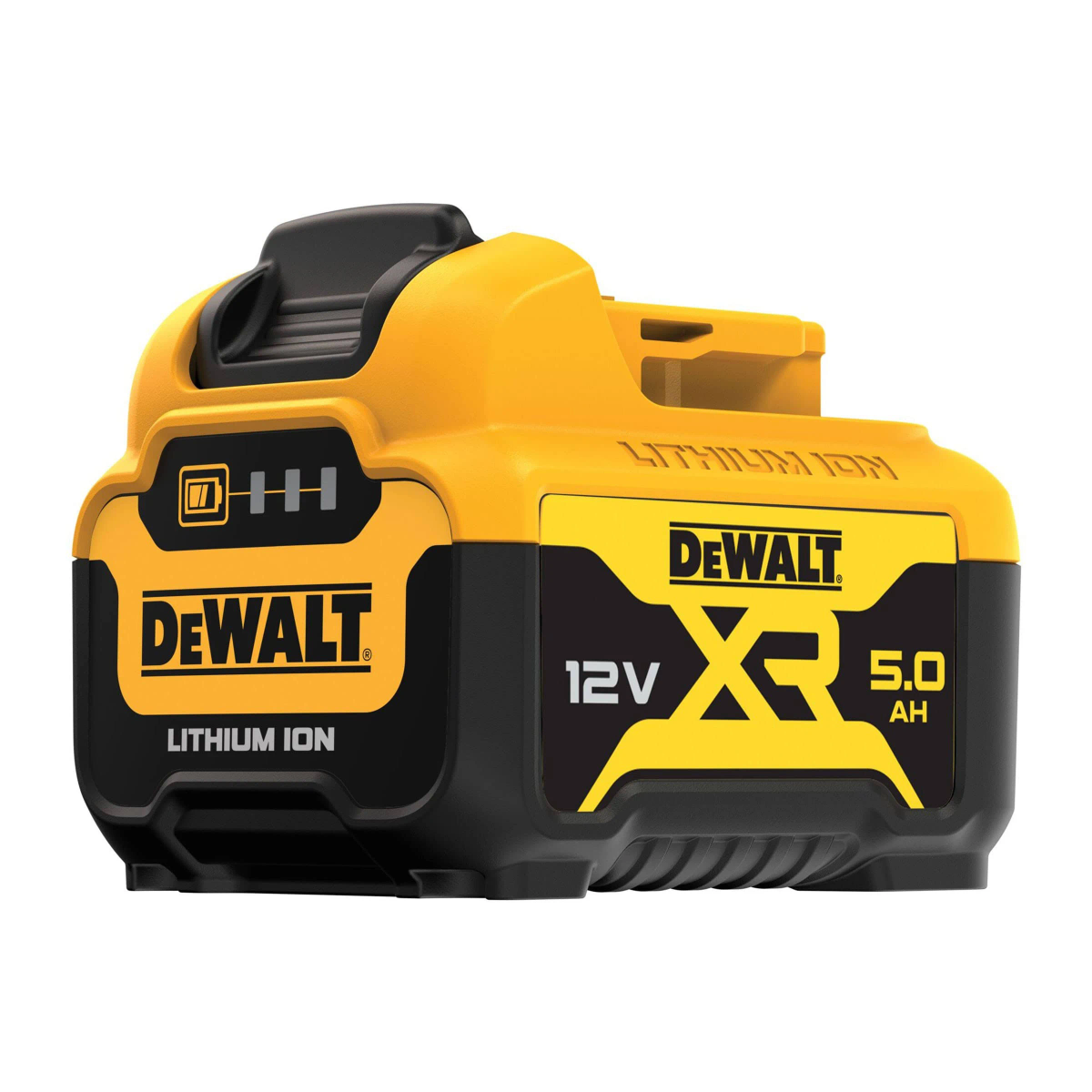 Ein gelb-schwarzer DeWalt 12V XR 5.0Ah Lithium-Ionen-Akku. Auf der Vorderseite des Akkus befinden sich das DeWalt-Logo und Text.