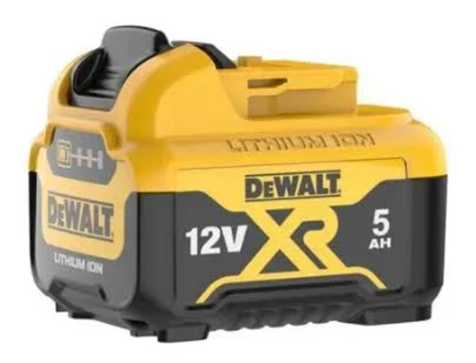 Ein gelb-schwarzer DeWalt 12V XR 5AH Lithium-Ionen-Akkupack. Der Markenname und die Spannung sind deutlich sichtbar.