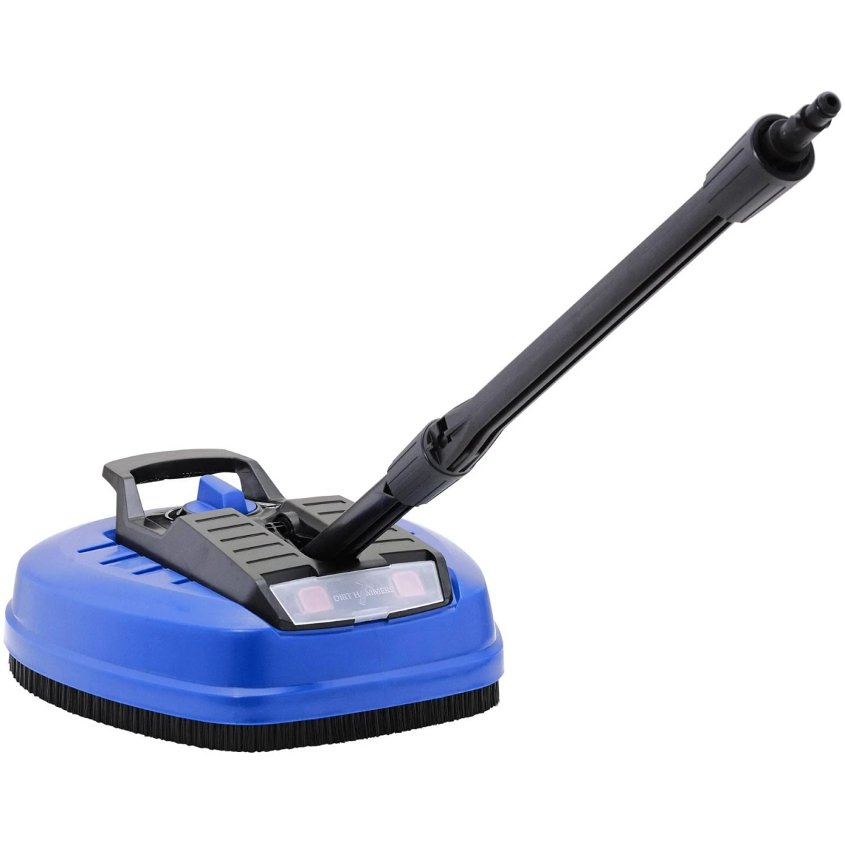 Un pulitore per superfici per idropulitrice blu e nero, con un lungo manico nero e una testina rotante.