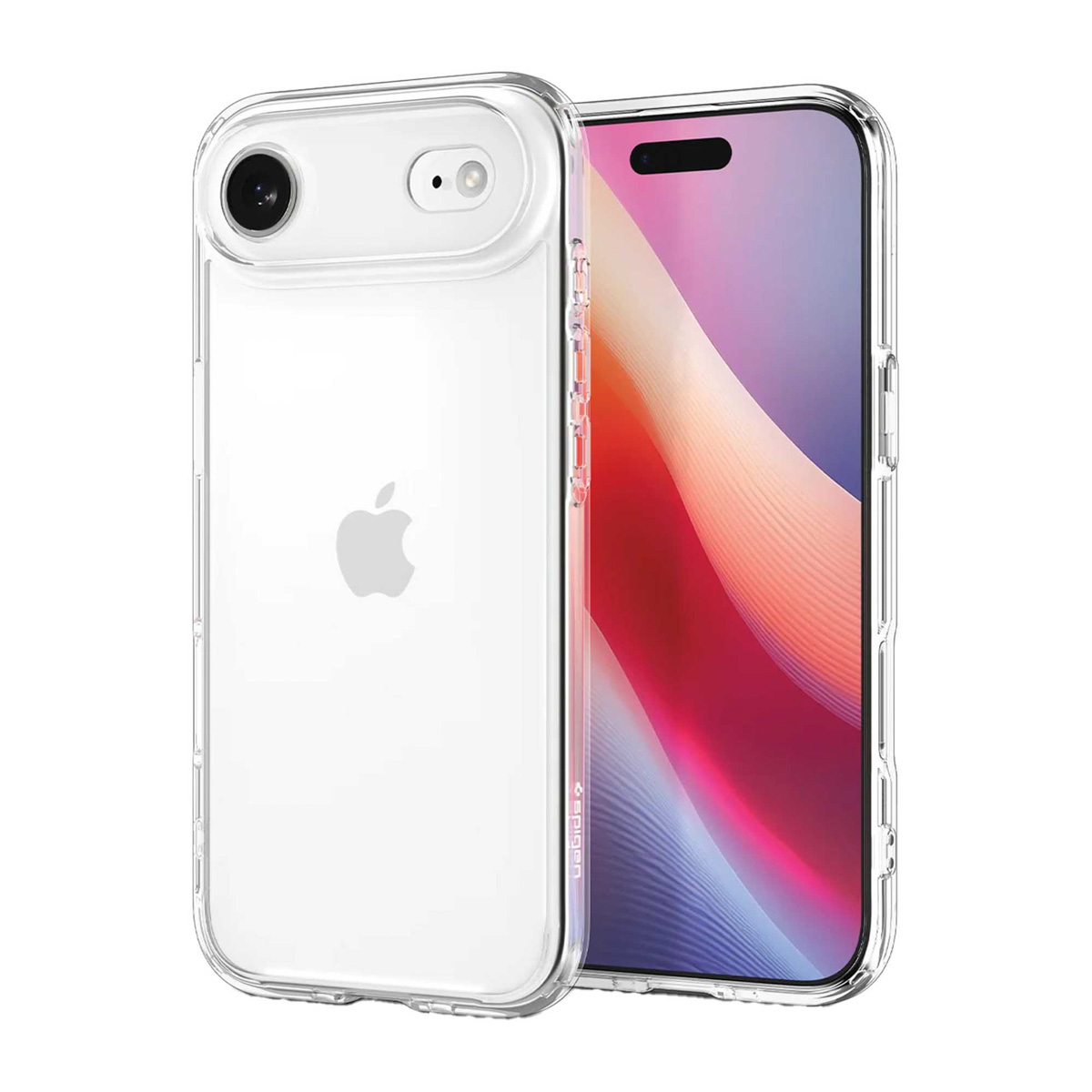 Een doorzichtige telefoonhoes naast een telefoon met een roze en paars scherm. De hoes toont het Apple-logo.