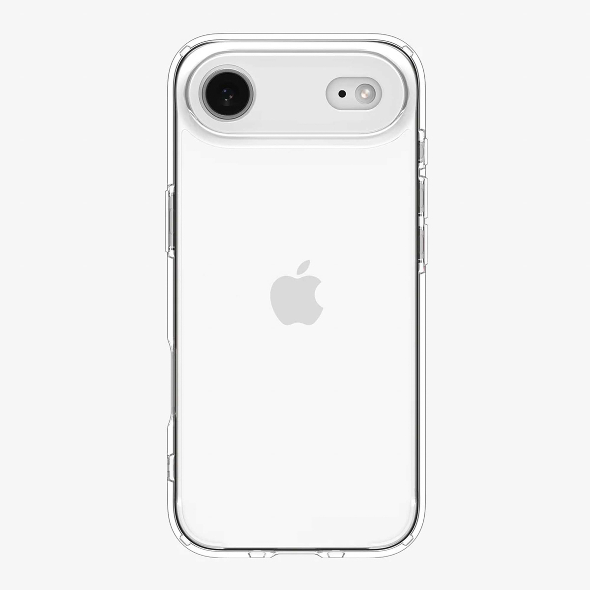 Een doorzichtige telefoonhoes op een witte achtergrond. De hoes toont de achterkant van een telefoon met camera en Apple-logo.