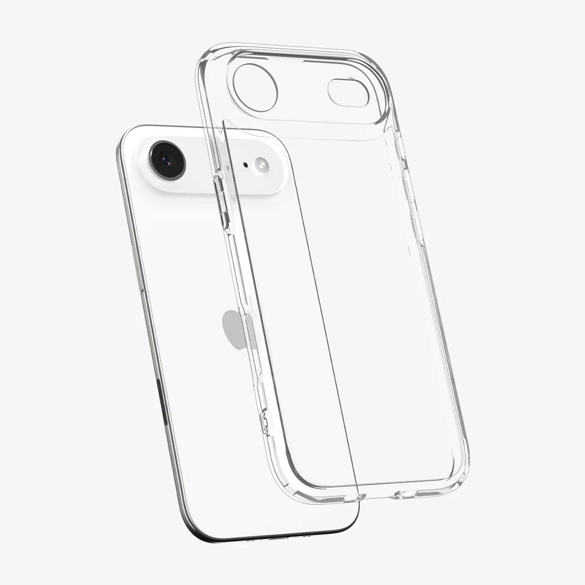 Een doorzichtige telefoonhoes naast een witte iPhone. De hoes is iets verschoven en toont de camera en het Apple-logo.