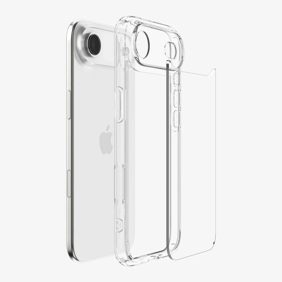 Een doorzichtige telefoonhoes ligt naast een zilveren iPhone. De hoes bedekt de telefoon gedeeltelijk. Apple-logo zichtbaar.