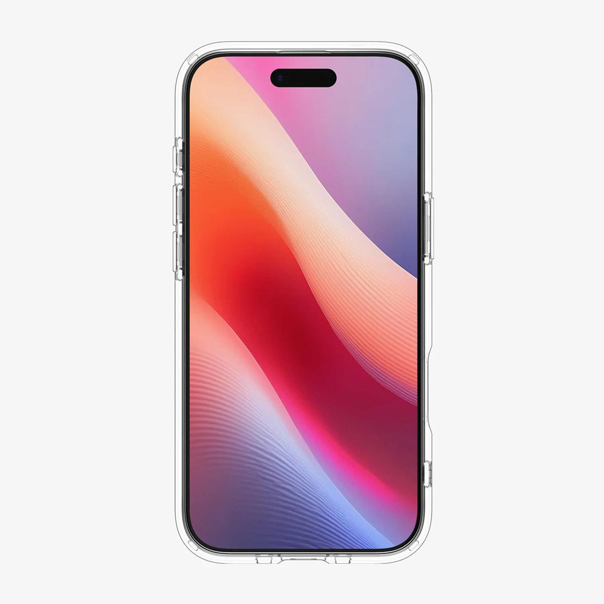 Een smartphone in een doorzichtige hoes. Het scherm toont golvende lijnen in rood, paars en wit, met een zwarte inkeping bovenaan.