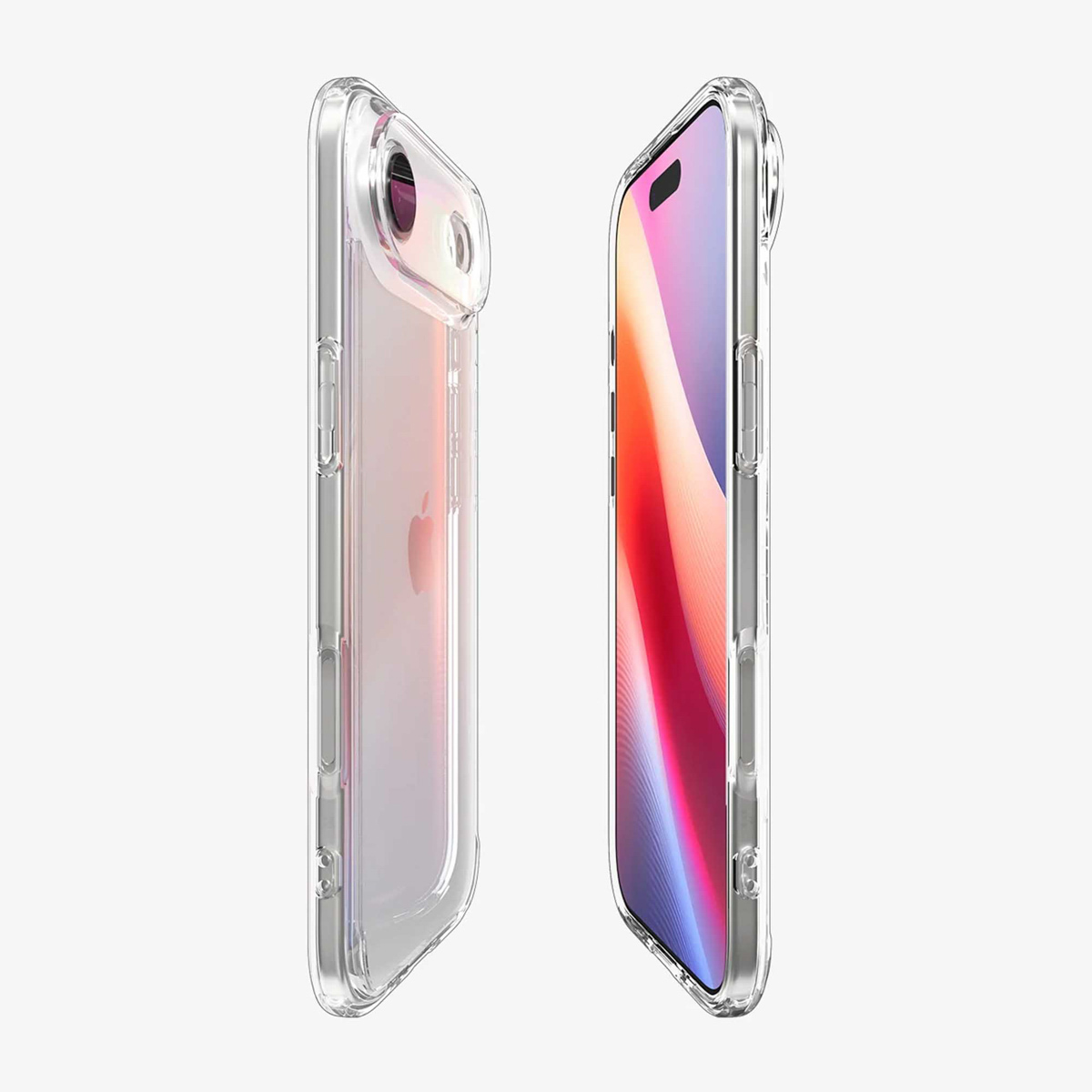 Er worden twee transparante telefoonhoesjes getoond, één met de telefoon erin. Het telefoonscherm toont een kleurrijk abstract ontwerp.