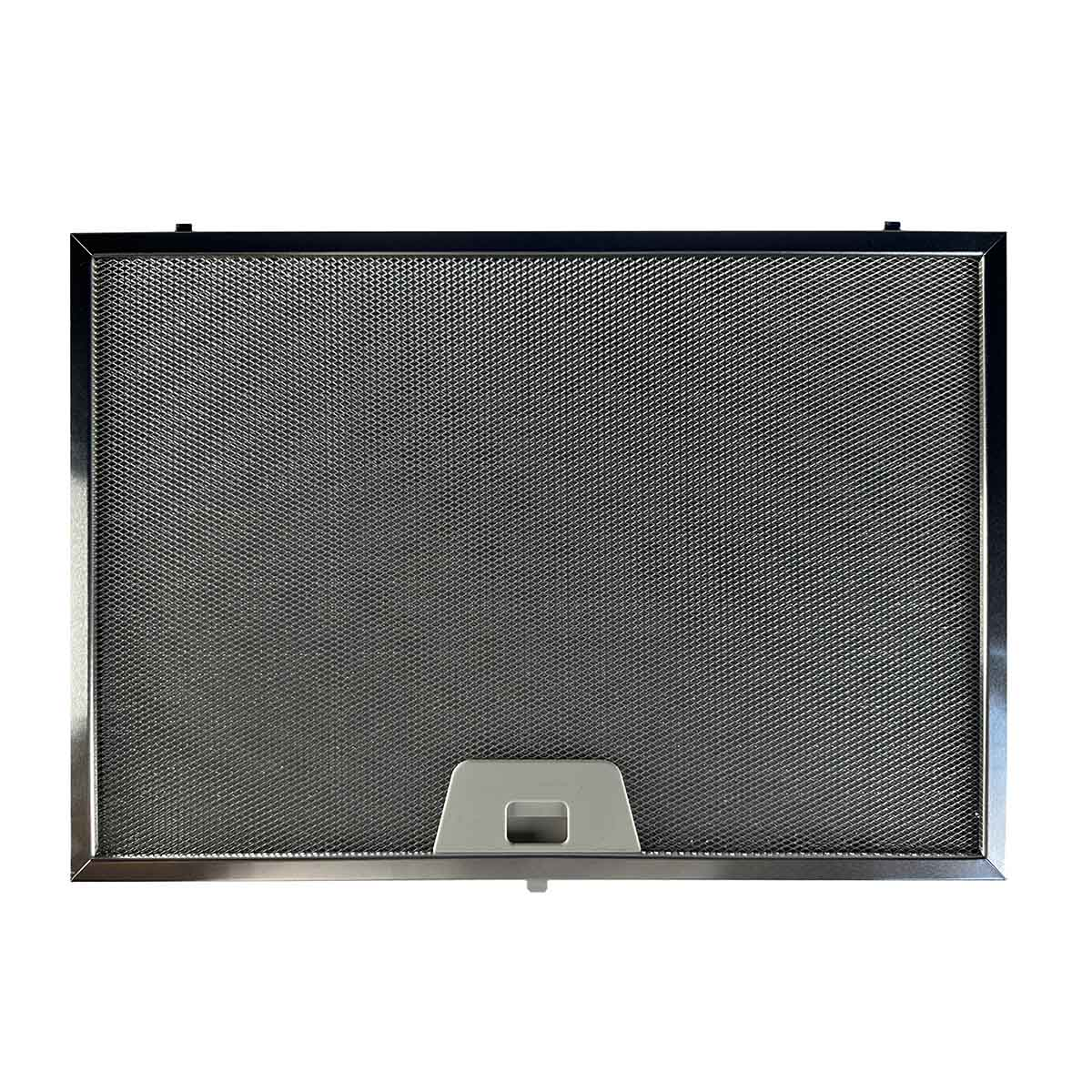 Ein rechteckiger Metallgitterfilter mit Griff. Der Rahmen ist silberfarben und das Gitter dunkelgrau. Der Griff ist weiß.