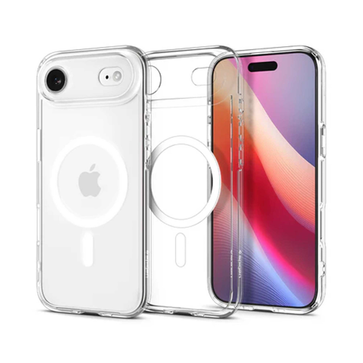 Transparante telefoonhoesjes gestapeld, met een telefoon met een kleurrijk scherm. Apple-logo zichtbaar op een hoesje.