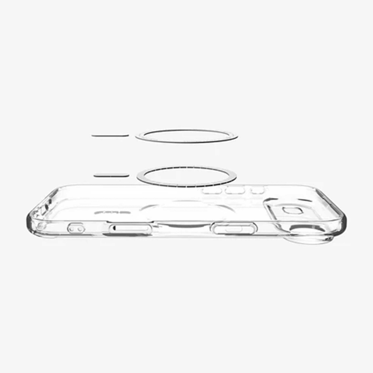 Een transparante telefoonhoes met twee zwevende ringvormige objecten erboven. De achtergrond is lichtgrijs.