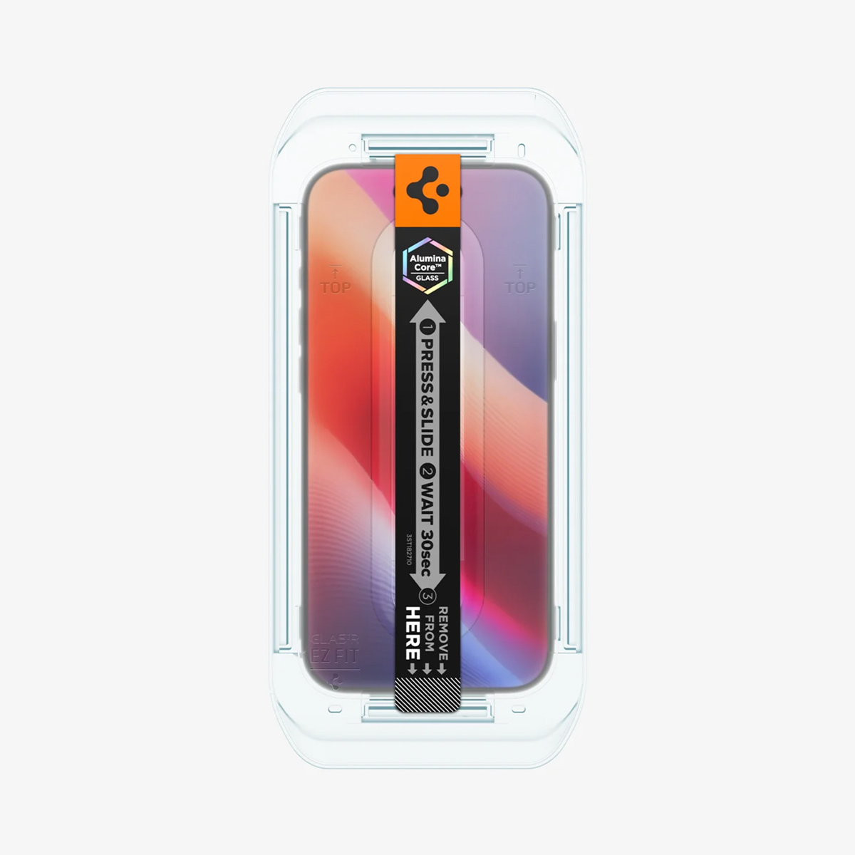 Een schermbeschermerset. Het toont een telefoon in een plastic frame met instructies om te drukken, te schuiven, te wachten en te verwijderen.