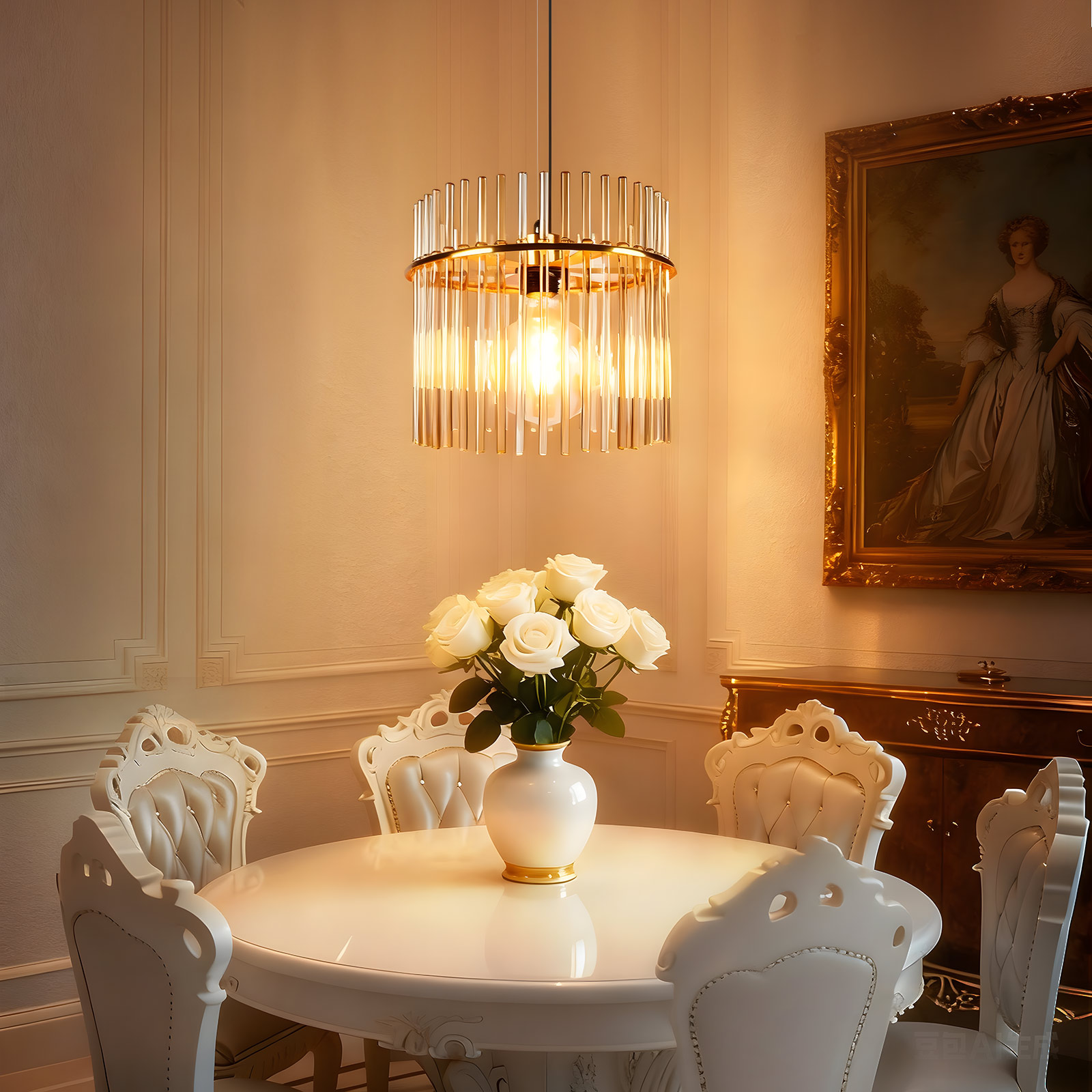 Un comedor con mesa, sillas y lámpara de araña. Un jarrón de rosas blancas sobre la mesa. Pintura en la pared.