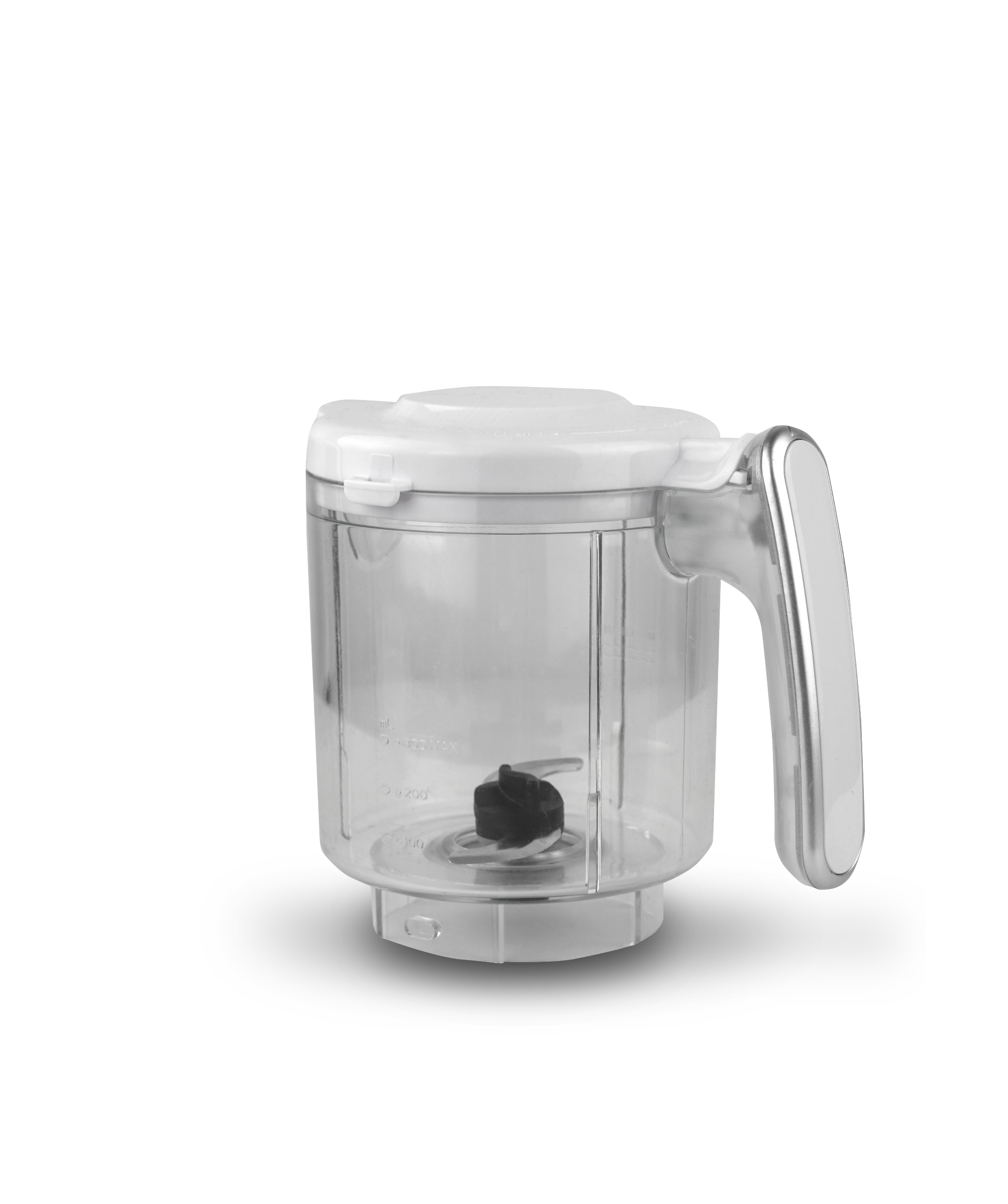Ein weißer und transparenter Food-Processor mit einer Klinge, vor schwarzem Hintergrund.