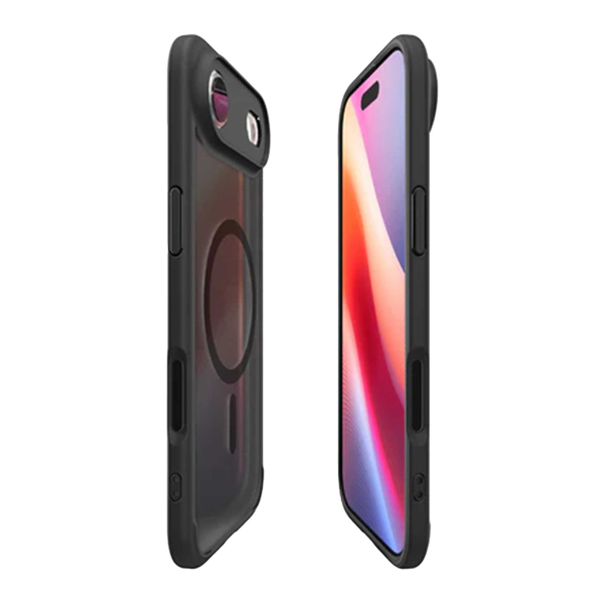 Due custodie nere per iPhone, una che mostra la fotocamera e l'altra lo schermo, con uno sfondo colorato.