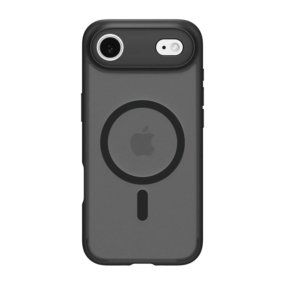 Una custodia nera per telefono con fori per la fotocamera. Ha un cerchio MagSafe e un logo Apple. La custodia è grigia e nera.