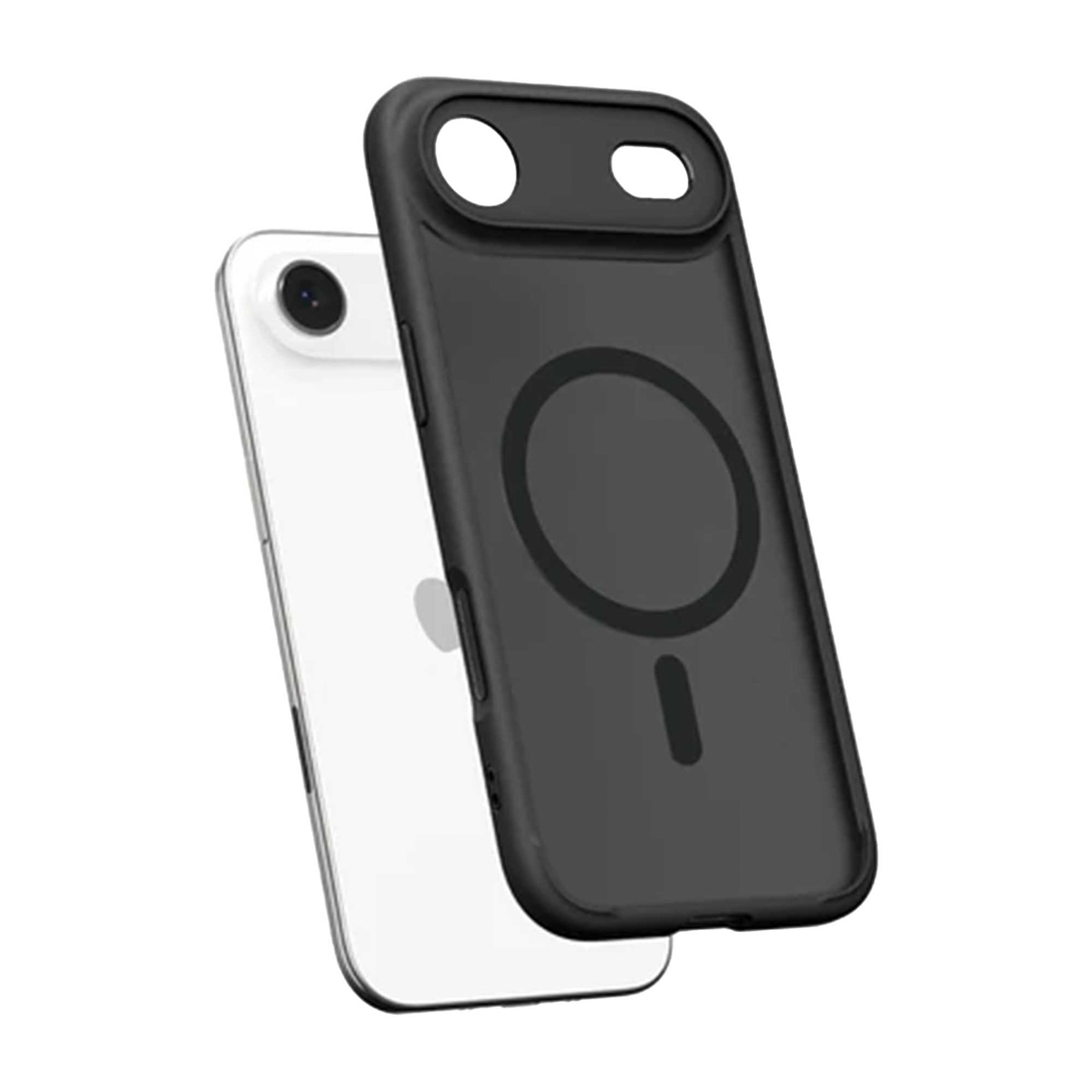 Une coque de téléphone noire avec un téléphone blanc derrière. L'étui a un design circulaire et deux trous. Le téléphone est blanc.
