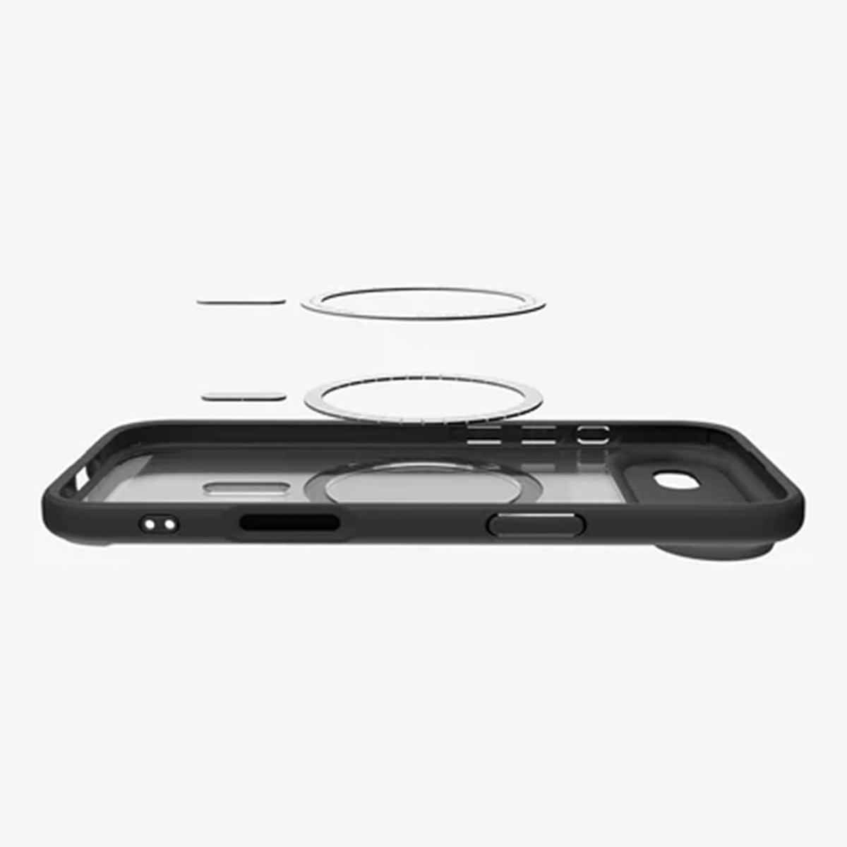 Un étui de téléphone noir avec un centre transparent. Au-dessus, trois anneaux argentés sont suspendus. Le fond est blanc.