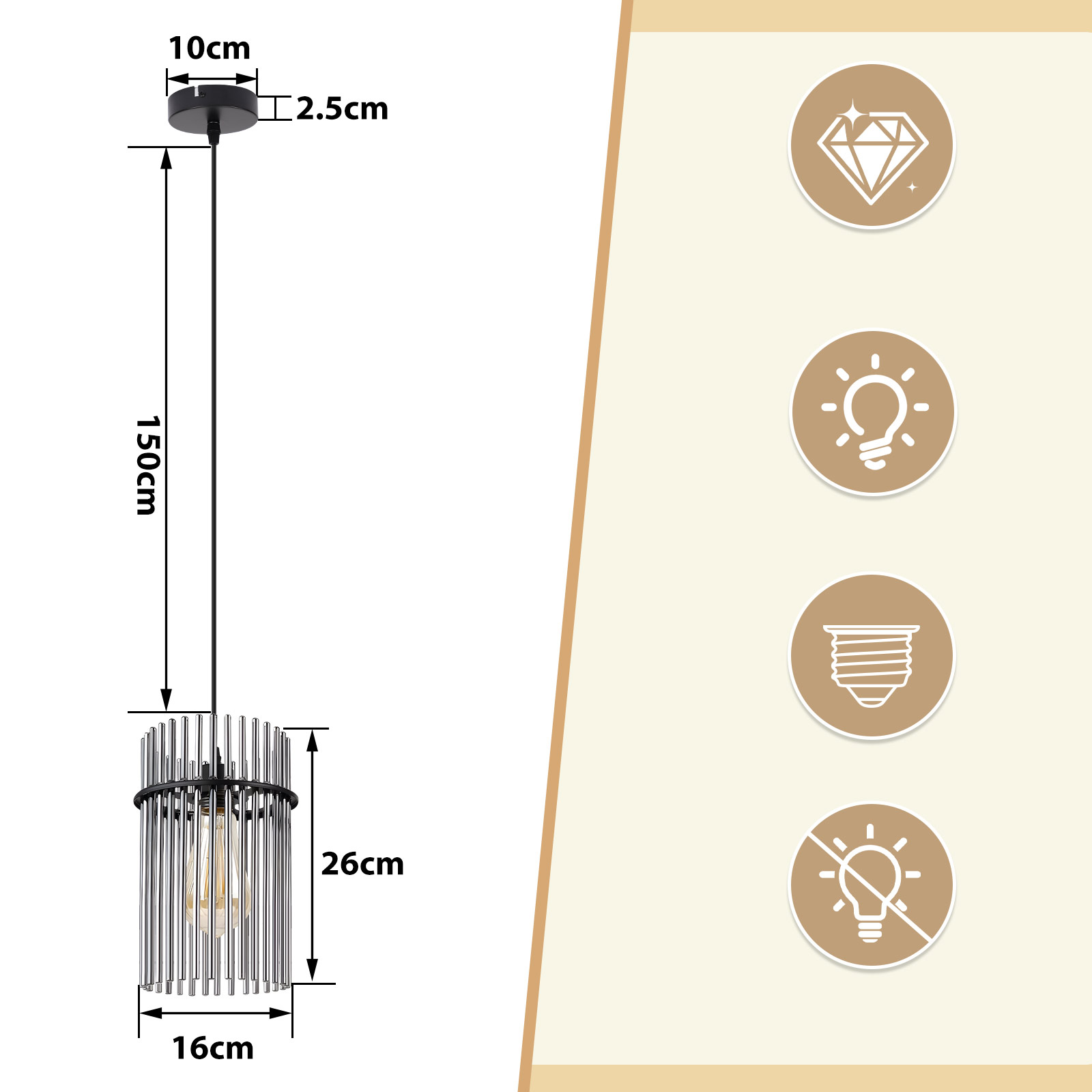 Czarna lampa wisząca, wymiary podane. Po prawej ikony diamentu, żarówki, żarówki i przekreślonej żarówki.