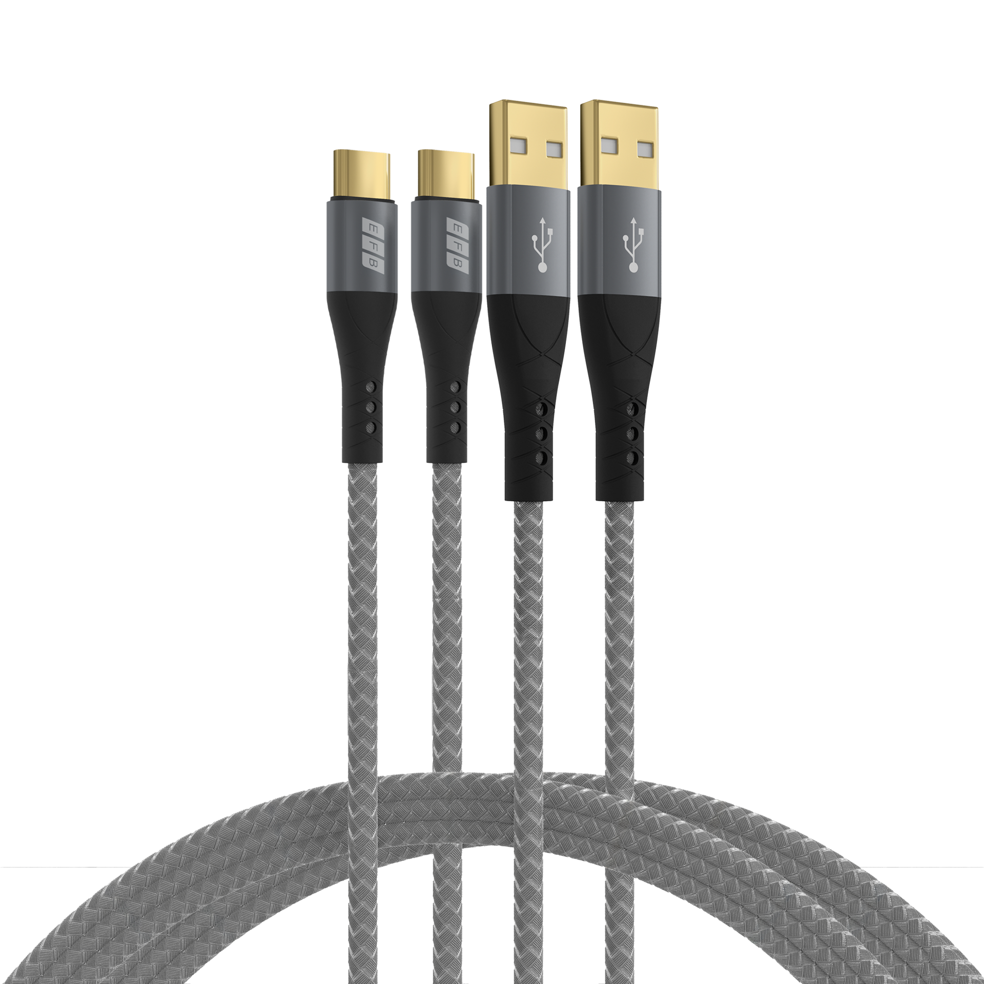 Vier geflochtene USB-Kabel mit goldenen Steckern. Zwei USB-C und zwei USB-A. Graue und schwarze Akzente. Weißer Hintergrund.