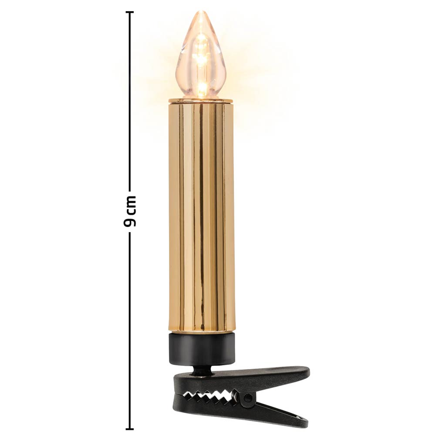 Eine goldene Kerze mit leuchtender Flamme. Sie hat unten einen schwarzen Clip und eine 9 cm Messlinie.