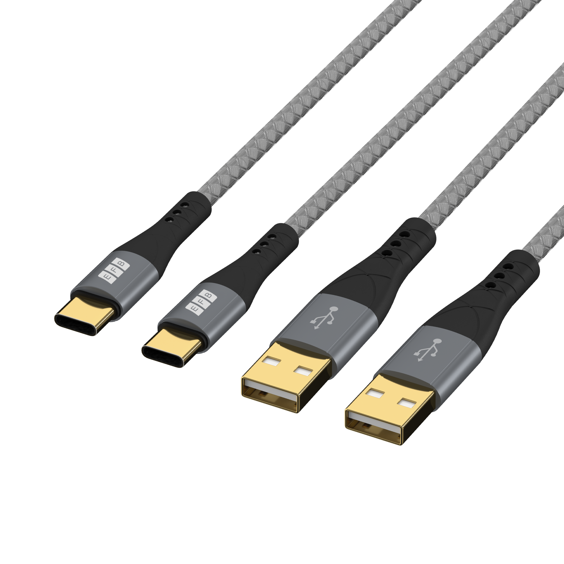 Vier Ladekabel mit verschiedenen Anschlüssen. USB-C- und USB-A-Typen, silber und schwarz, goldene Anschlüsse.