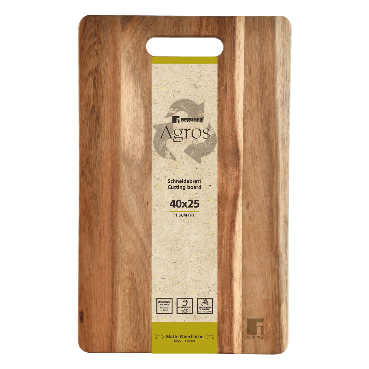 Ein Holzschneidebrett mit Griff. Es hat ein Etikett mit "Agros" und Details wie Abmessungen und "glatte Oberfläche".