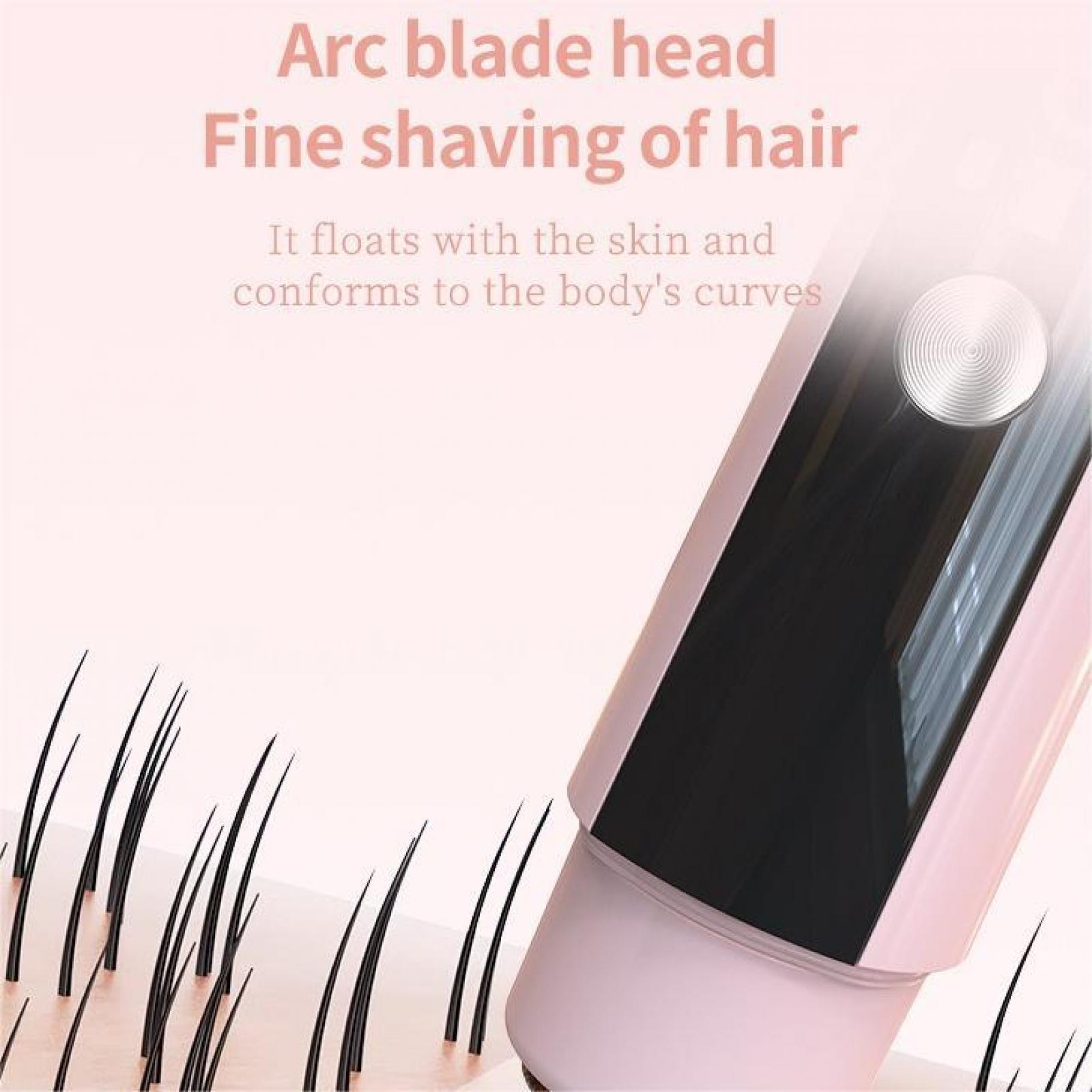 Ein Elektrorasierer mit Haaren und einem rosa Hintergrund. Text: Arc-Kopfteil, feines Rasieren der Haare.