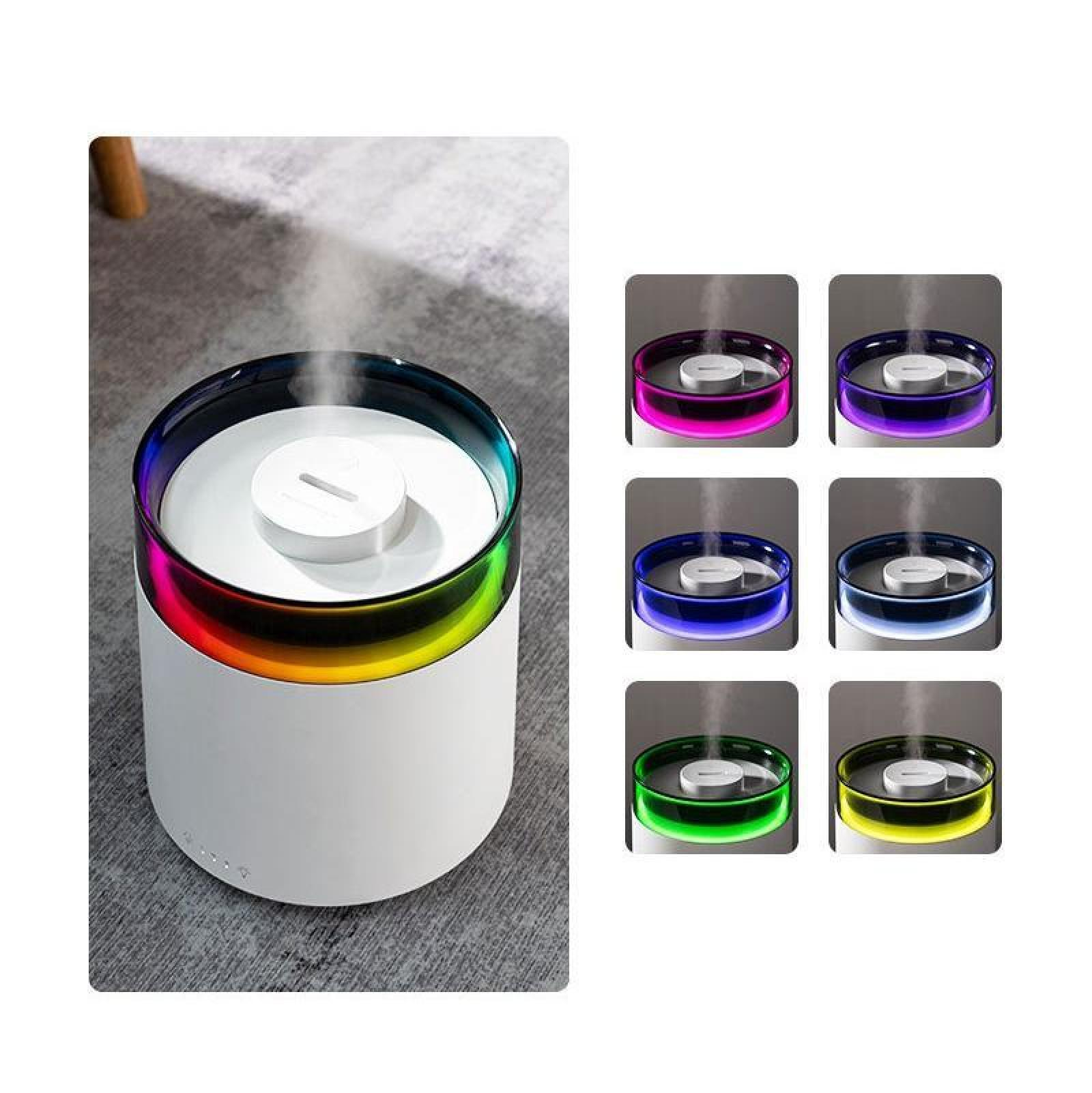 Weißer Luftbefeuchter mit Regenbogenrand, weißer Deckel. Sechs kleinere Bilder zeigen Farbvariationen der Randlichter.