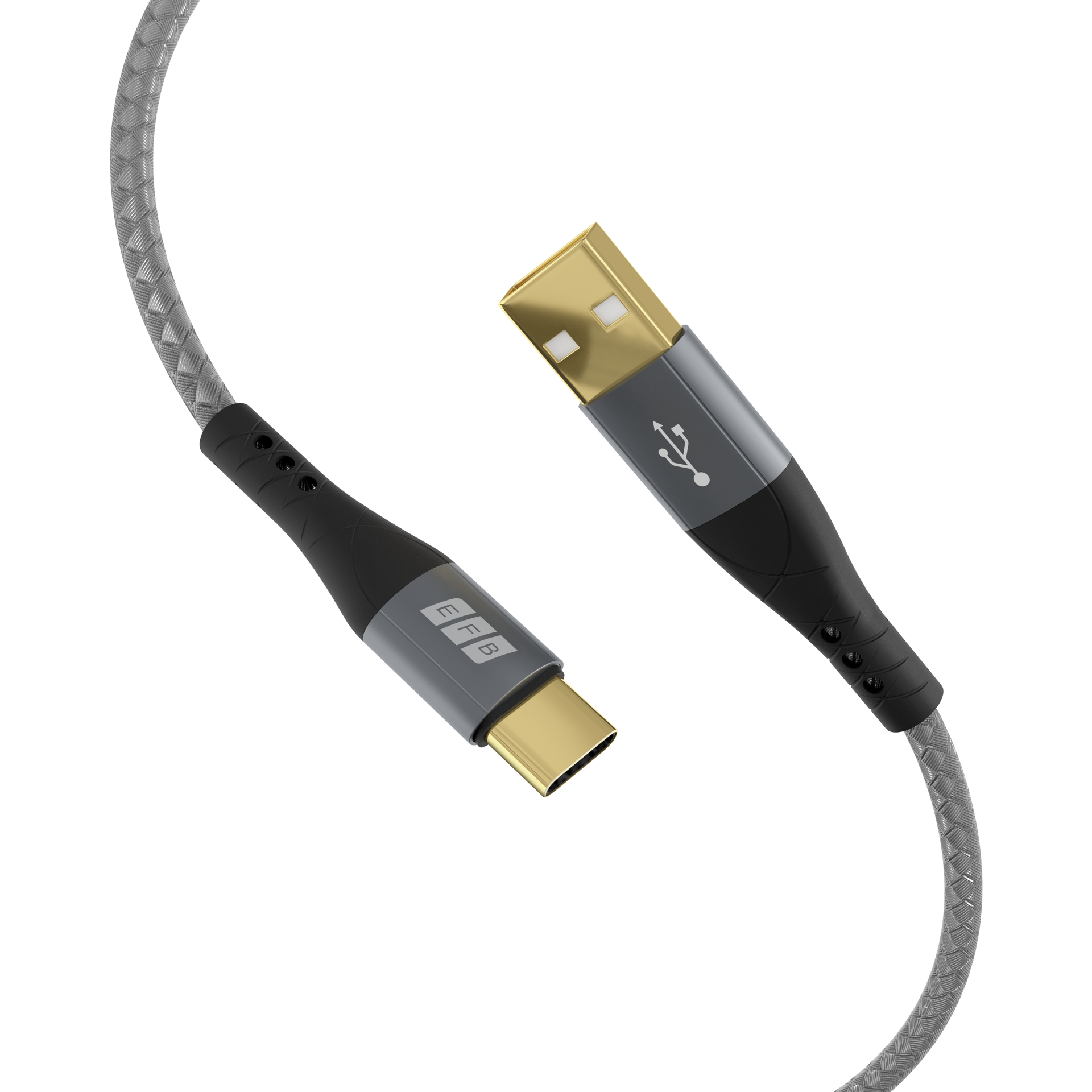 Ein silbernes und schwarzes USB-C-zu-USB-A-Kabel. Die Anschlüsse sind goldfarben. Das Kabel hat ein geflochtenes Design.