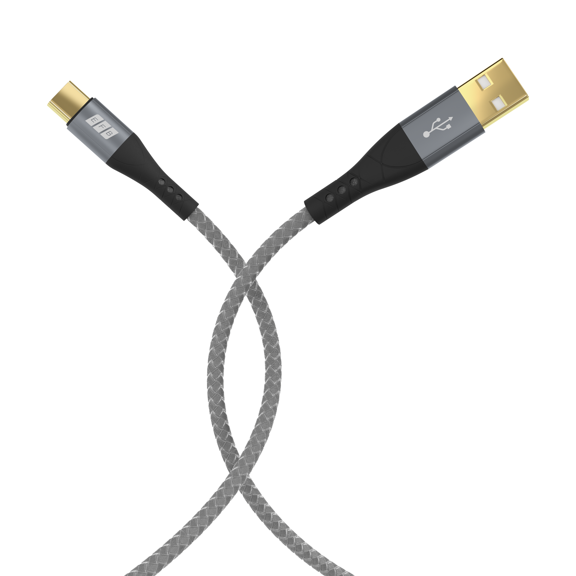 Abgewinkeltes USB-Kabel mit geflochtener grauer Schnur und goldfarbenen USB-Anschlüssen auf weißem Hintergrund.