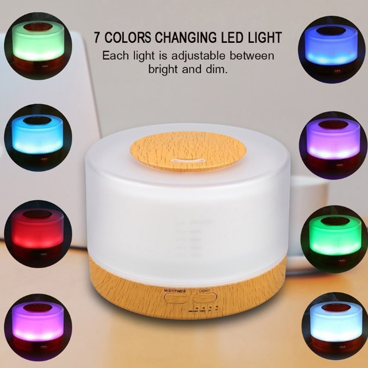 Ein 7-farbiger LED-Luftbefeuchter. Farben sind Grün, Blau, Rot, Lila und Weiß. Er hat einen Sockel in Holzoptik.