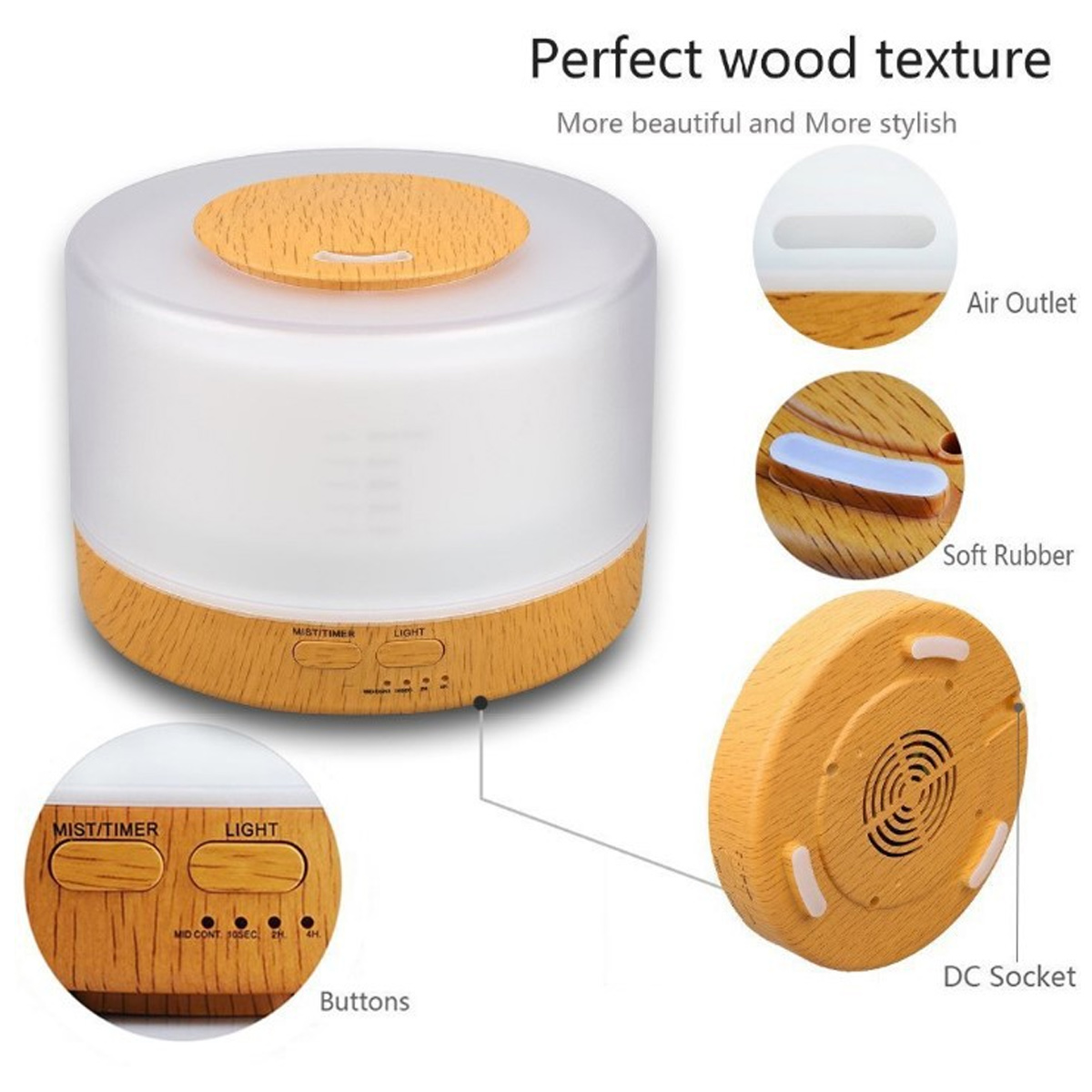 Ein Diffusor für ätherische Öle mit Holztextur, Luftauslass, Knöpfen und DC-Buchse. Mit weichem Gummi und Lichtsteuerung.