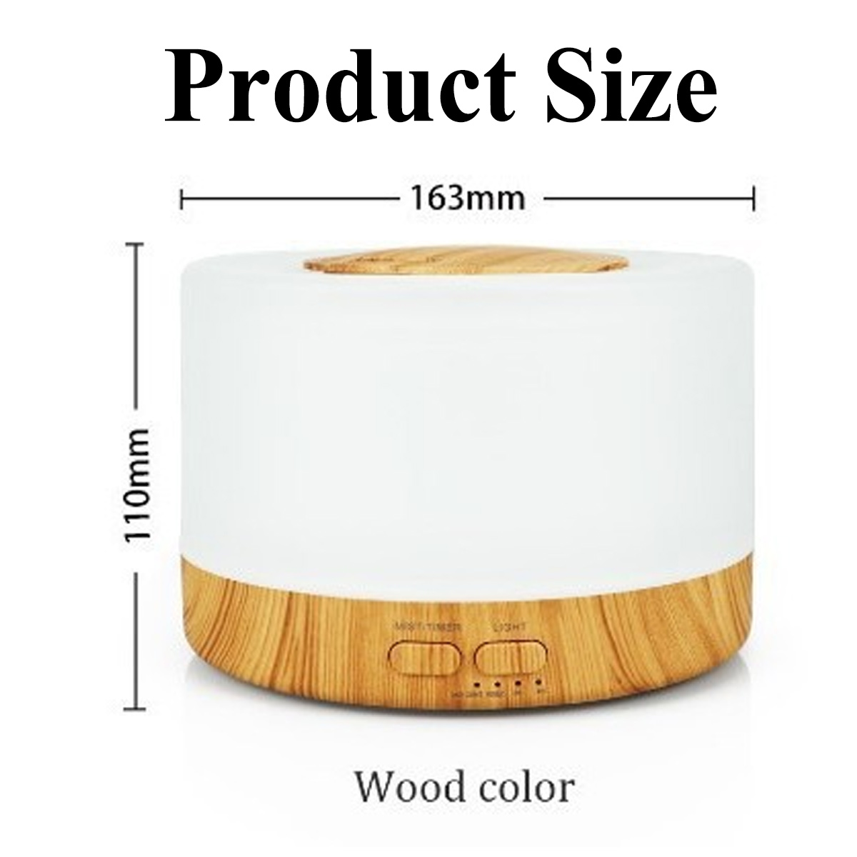 Ein Aromatherapie-Diffusor mit Maßangaben. Er hat eine weiße Oberseite, einen Holzsockel und eine Holzmaserung. Die Produktgröße ist angegeben.