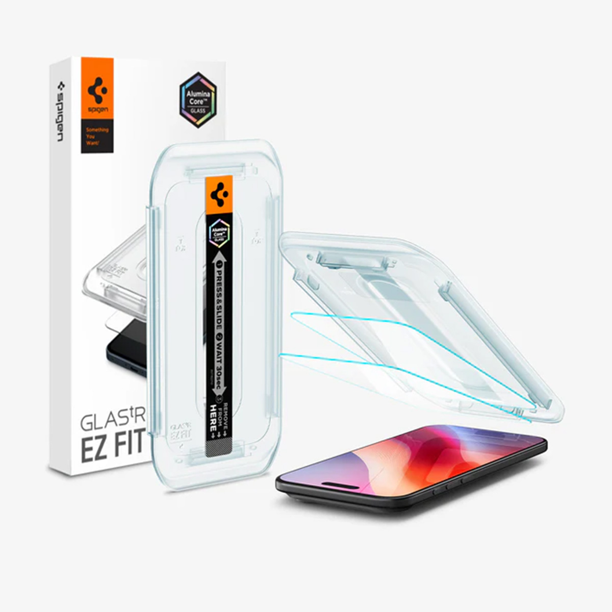 Un kit di protezione dello schermo del telefono, con un telefono. Il kit include una scatola e un applicatore. Il telefono ha uno schermo colorato.